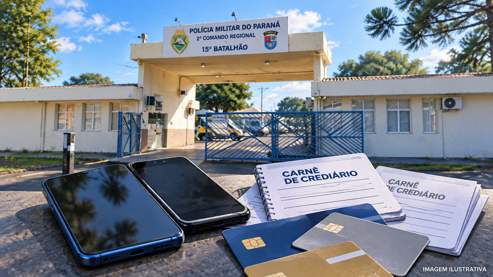 Ilustração gerada por IA sobre fraude no comércio de Rolândia, com a fachada do 15º BPM como