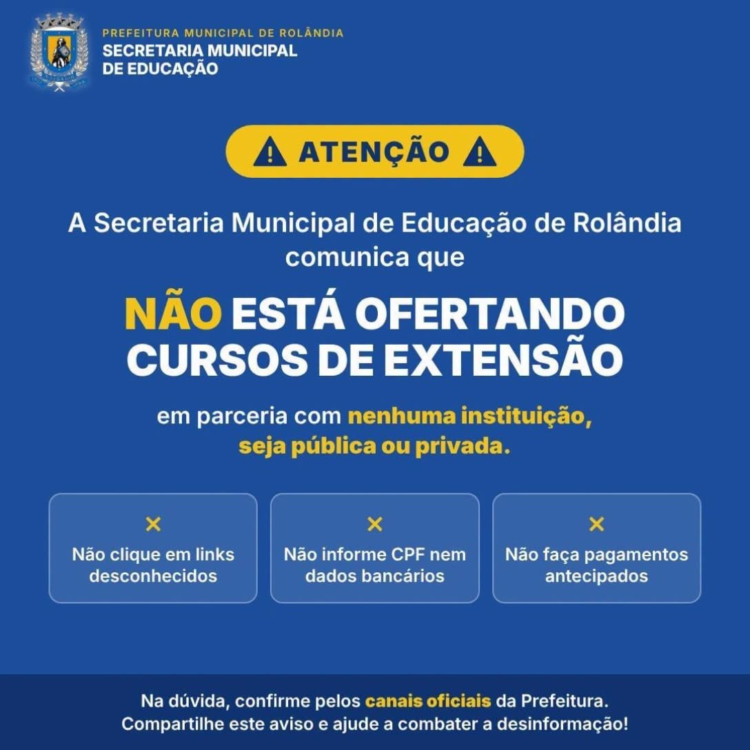Secretaria Municipal de Educação alerta sobre oferta falsa de cursos de extensão em Rolândia